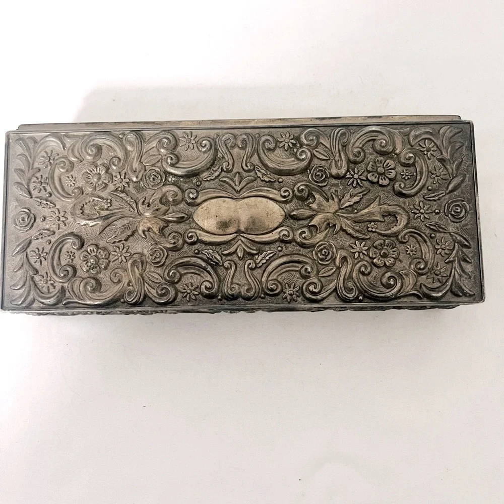 Vintage 1992 GODINGER SILVER Jewelry Trinket Box Heavy Floral Vine High Relief